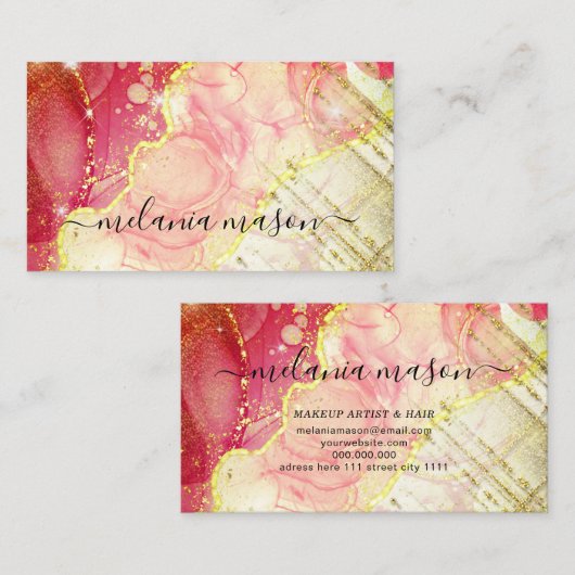 ピンクモダン金ゴールド水彩色アルコールインクアート 名刺 (正面/裏面)