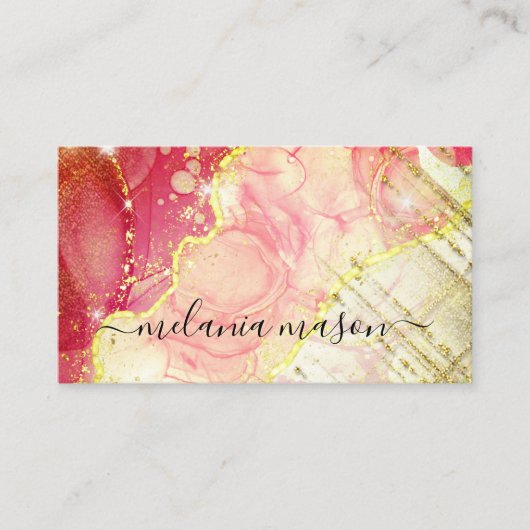 ピンクモダン金ゴールド水彩色アルコールインクアート 名刺 (正面)