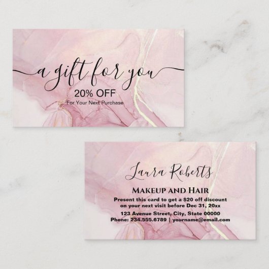 ピンクモダン金ゴールド水色割引カード 割引カード (正面/裏面)