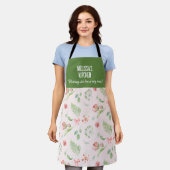 ピンクモダン魅力的色グリーン花柄 エプロン (着用した状態)