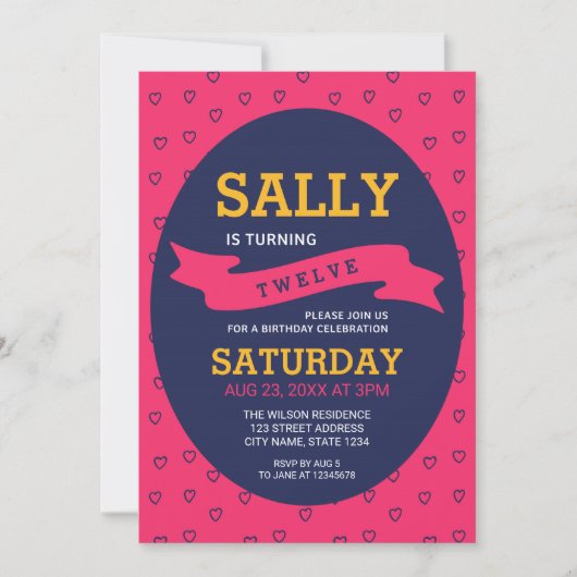 ピンクモダン鮮やかとブルーのハート誕生日 招待状 (正面)