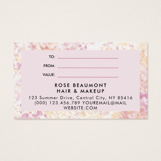 ピンクモダン黄色の水の色のギフト証明書 (裏面)