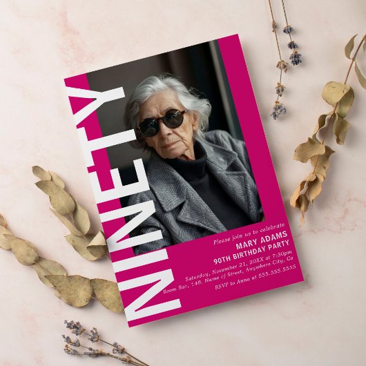 ピンクモダン90歳の写真90歳の誕生日パーティー 招待状