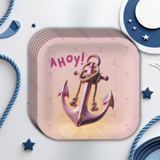 ピンクモダン・アホイ！いかり航海のベビシャワー ペーパープレート