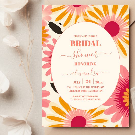 ピンクモダン&イエローレトロフローラブライダル 招待状