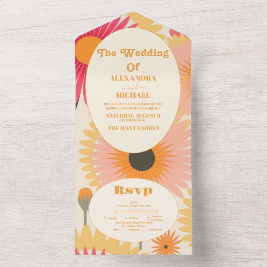 ピンクモダン&イエローレトロフローラ結婚ズ オールインワン招待状 (内側)
