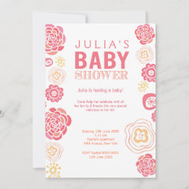 ピンクモダン&オレンジフローラベビーシャワー招待状 招待状