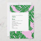 ピンクモダン+グリーンパームツリービーチ結婚式 招待状 (正面)