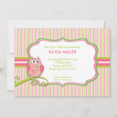 ピンクモダン&グリーンペイズリーフクロウベビーシャワー招待状 招待状 (正面)