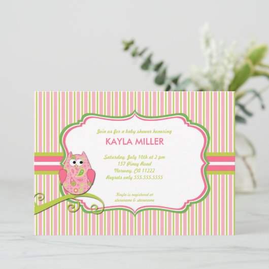 ピンクモダン&グリーンペイズリーフクロウベビーシャワー招待状 招待状 (スタンド正面)