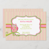 ピンクモダン&グリーンペイズリーフクロウベビーシャワー招待状 招待状 (正面/裏面)