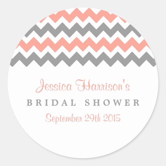 ピンクモダン&グレーシェブロンブライダルシャワーシール ラウンドシール (正面)