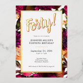 ピンクモダン&ゴールドフォイルフローラ40th誕生日 箔招待状 (正面)