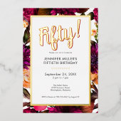 ピンクモダン&ゴールドフォイルフローラ50誕生日 箔招待状 (正面)