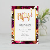 ピンクモダン&ゴールドフォイルフローラ50誕生日 箔招待状 (立ち正面)