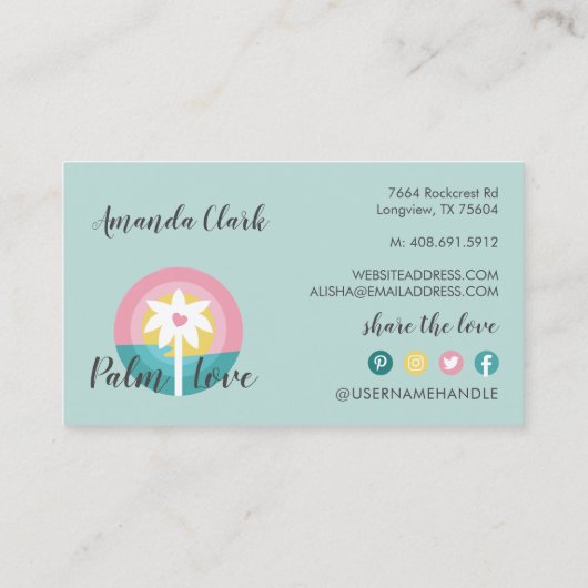 ピンクモダン&ティール(緑がかった色)トロピカルパームツリーロゴ 名刺 (裏面)