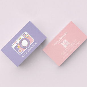 ピンクモダン&パープルカメラl写真Qrコード 名刺