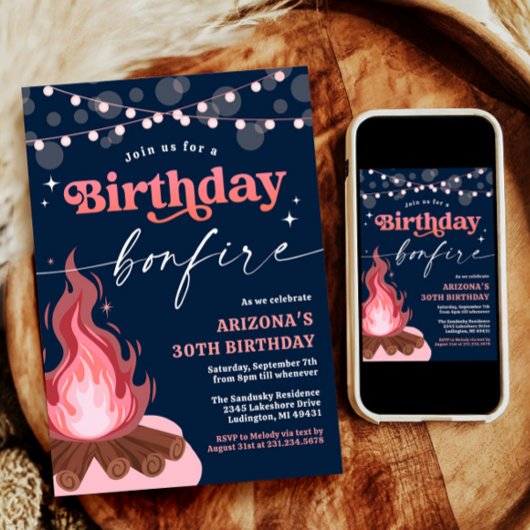 ピンクモダン+ピーチ誕生日焚き火招待状 招待状