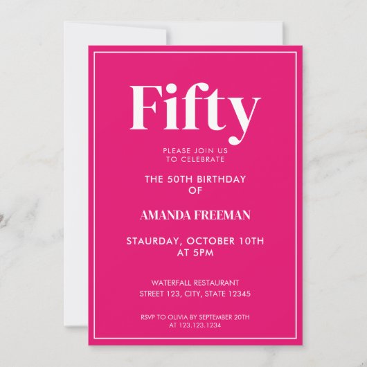 ピンクモダン&ホワイトタイポグラフィ50誕生日 招待状 (正面)