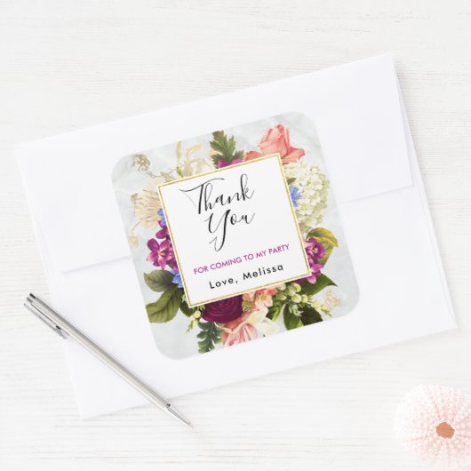 ピンクモダン&ホワイト花模様パーティーありがとう スクエアシール (封筒)