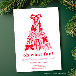 ピンクモダン&レッドツリーボウ1st誕生日 招待状