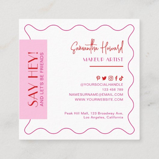 ピンクモダン&レッドレトロスタイルメイクアップアーティスト美しい スクエア名刺 (裏面)