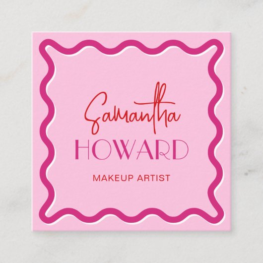 ピンクモダン&レッドレトロスタイルメイクアップアーティスト美しい スクエア名刺 (正面)