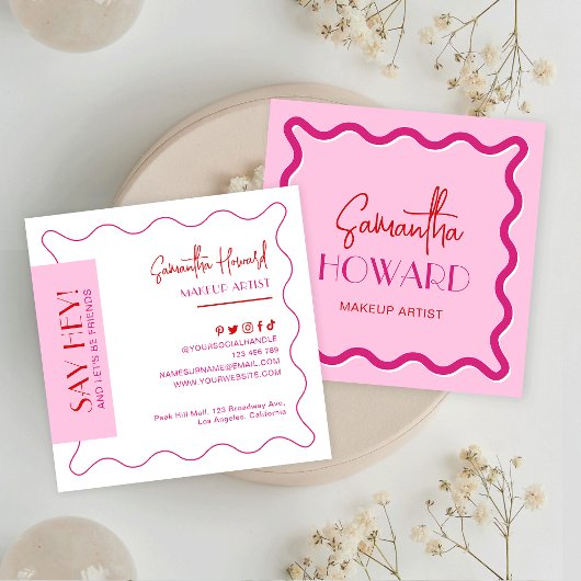 ピンクモダン&レッドレトロスタイルメイクアップアーティスト美しい スクエア名刺