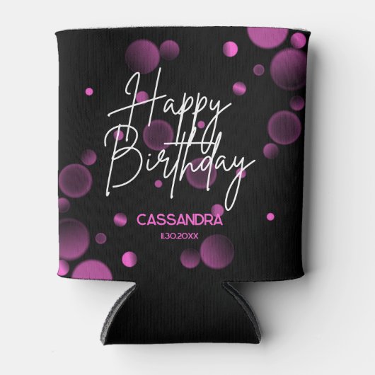 ピンクモダン《写真》ぼけ味グラデーション黒ハッピーバースデー 缶クーラー (正面)