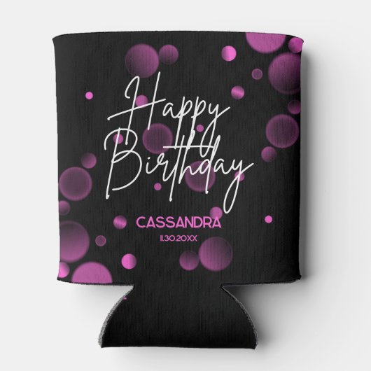 ピンクモダン《写真》ぼけ味グラデーション黒ハッピーバースデー 缶クーラー (裏面)
