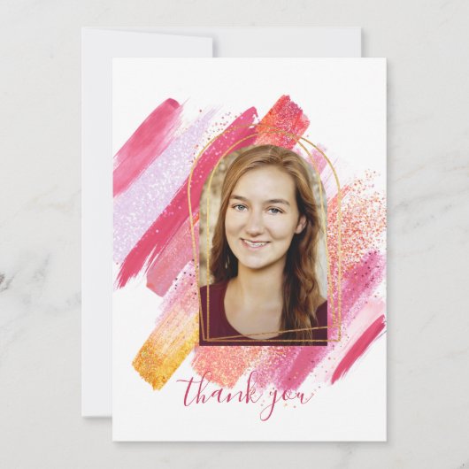 ピンクモダン&金ゴールドアーチ型卒業ありがとう 招待状 (正面)