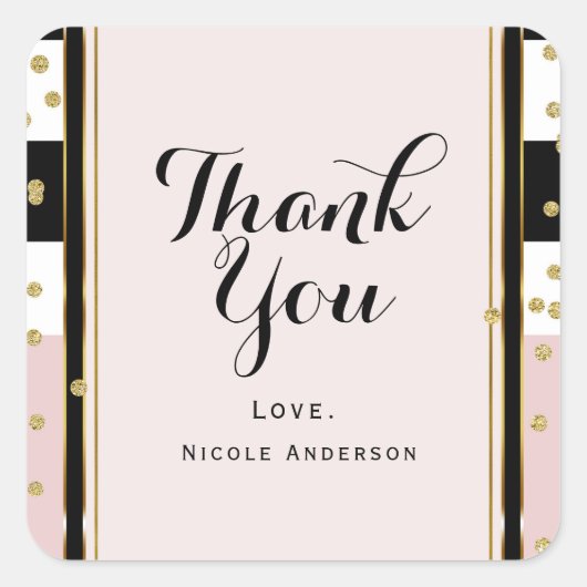 ピンクモダン&金ゴールド紙吹雪白黒ストライプ スクエアシール (正面)