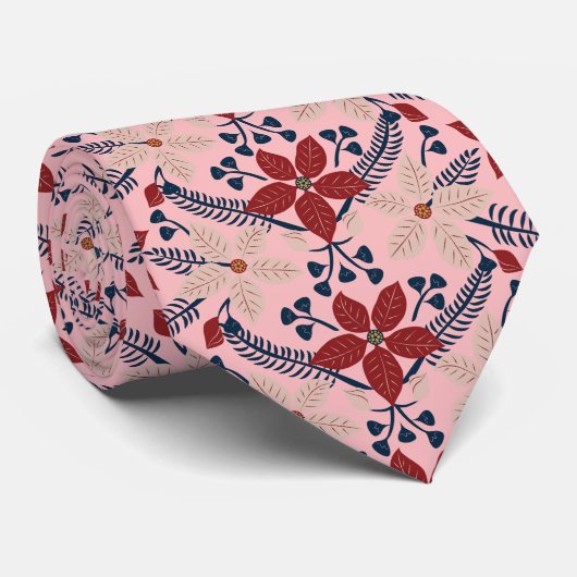 ピンクモダン、青、赤の花柄 ネクタイ (ロール)