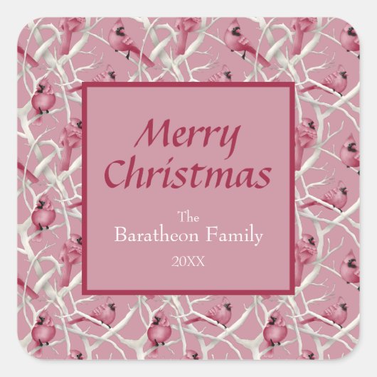 ピンクモダン（鳥）ショウジョウコウカンチョウバードメリークリスマス スクエアシール (正面)
