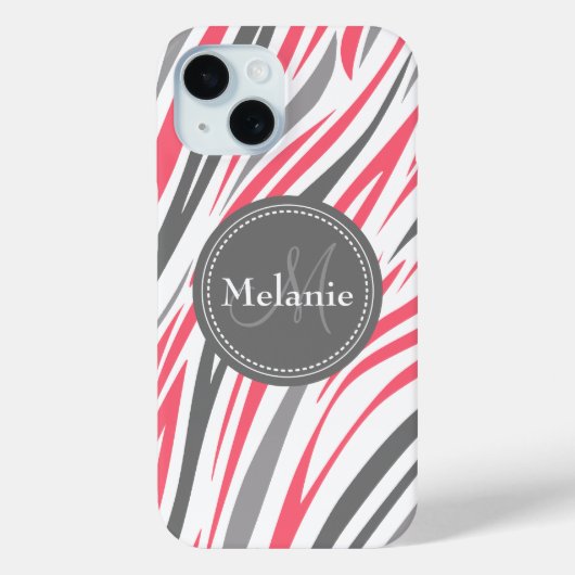 ピンクモノグラムのとグレーのゼブラ印刷 Case-Mate iPhoneケース (裏面)