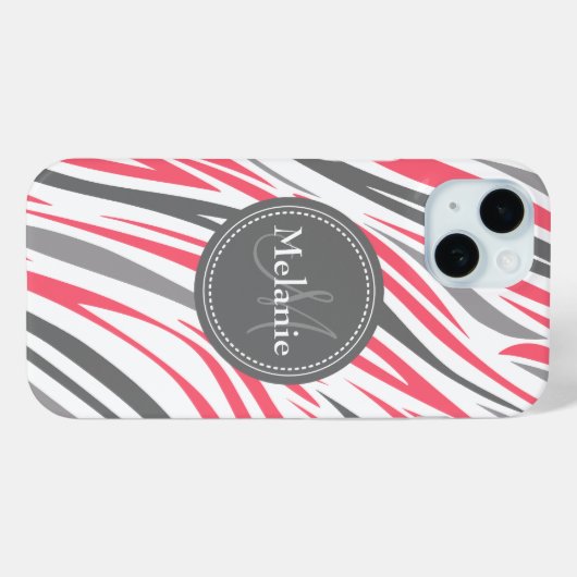 ピンクモノグラムのとグレーのゼブラ印刷 Case-Mate iPhoneケース (裏面 (横))