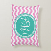 ピンクモノグラムのとティール(緑がかった色)シェブロンカスタム アクセントクッション (裏面(縦))