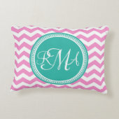 ピンクモノグラムのとティール(緑がかった色)シェブロンカスタム アクセントクッション (裏面)