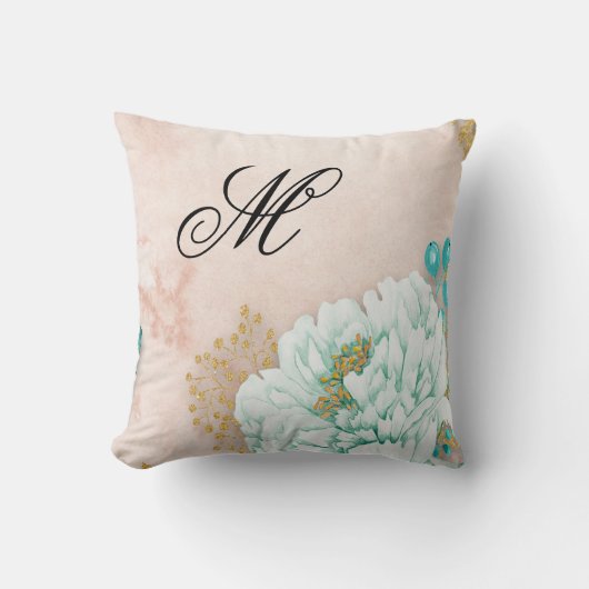 ピンクモノグラムのとティール(緑がかった色)フローラ クッション (正面)