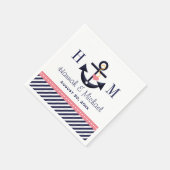 ピンクモノグラムのとネイビーのいかり航海の結婚ズ スタンダードカクテルナプキン (角)