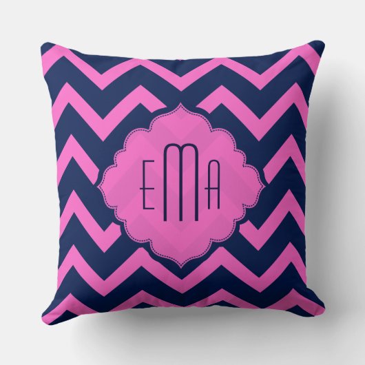 ピンクモノグラムのとブルーのジグザグシェブロン クッション (裏面)