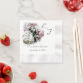 ピンクモノグラムのとホワイトのフローラ結婚ズ 縁ありカクテルナプキン (インサイチュ)