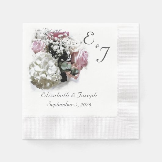 ピンクモノグラムのとホワイトのフローラ結婚ズ 縁ありカクテルナプキン (正面)