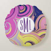 ピンクモノグラムのと紫の抽象芸術 ラウンドクッション (正面)
