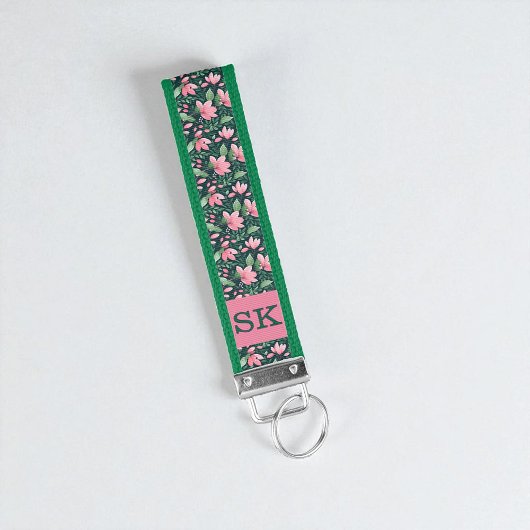 ピンクモノグラムのと緑の花リストキーチェーン リストバンドキーホルダー