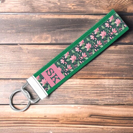 ピンクモノグラムのと緑の花リストキーチェーン リストバンドキーホルダー