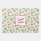 ピンクモノグラムののトロピカルパ葉ーム模様 キッチンタオル (横)