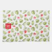 ピンクモノグラムののトロピカルパ葉ーム模様 キッチンタオル (横)