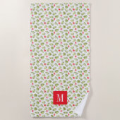 ピンクモノグラムののトロピカルパ葉ーム模様 ビーチタオル (正面)