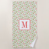 ピンクモノグラムののトロピカルパ葉ーム模様 ビーチタオル (正面)